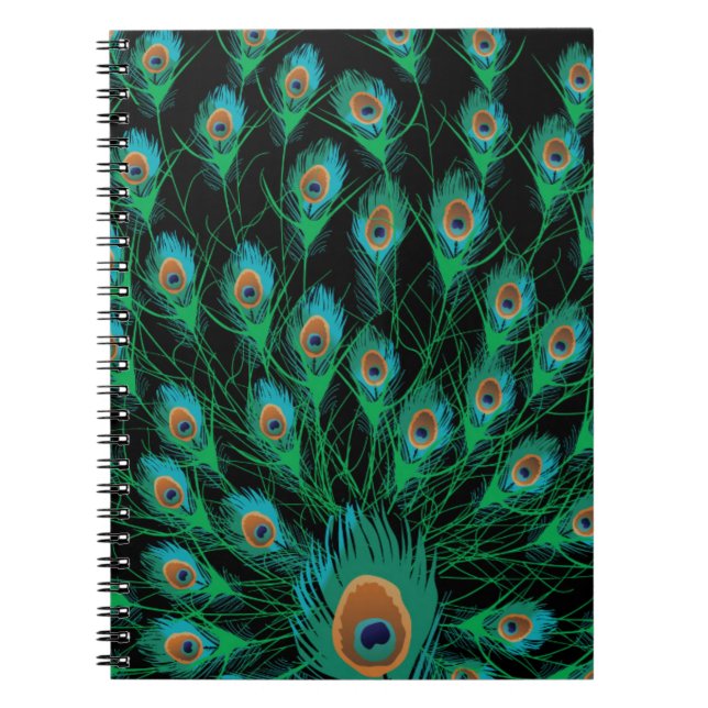 Illustration With Peacock Feathers on Black Notebook (Front)