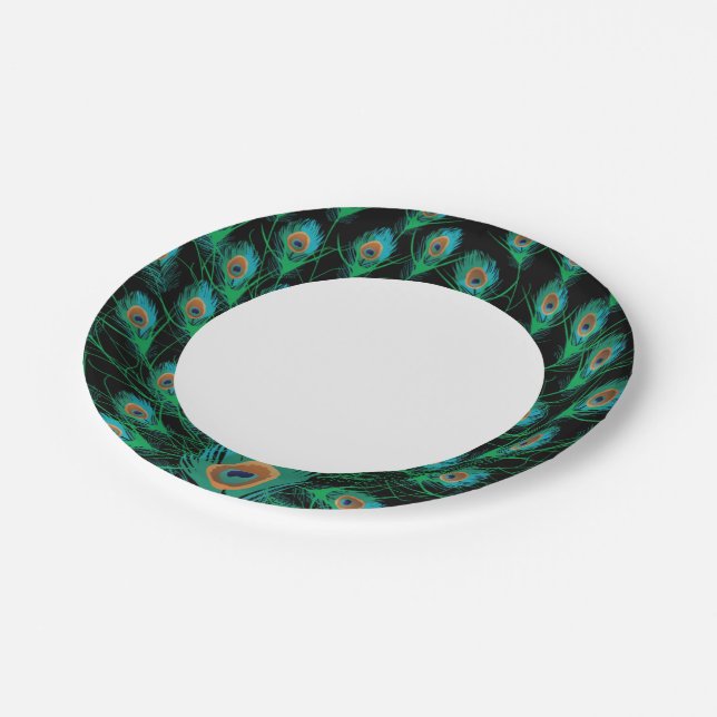 Illustration With Peacock Feathers on Black Paper Plate (Angled)