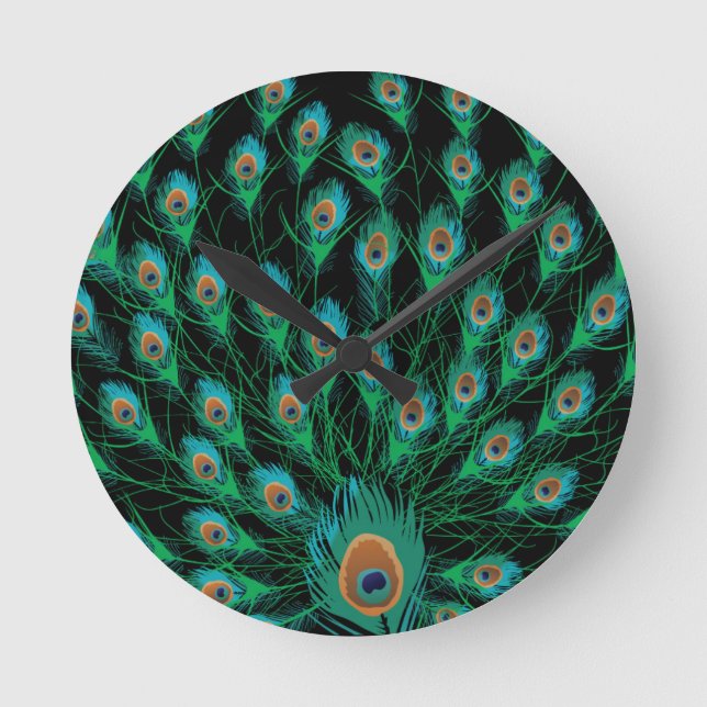 Illustration With Peacock Feathers on Black Round Clock (Front)