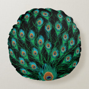 Illustration With Peacock Feathers on Black Round Cushion