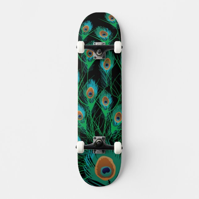 Illustration With Peacock Feathers on Black Skateboard (Front)