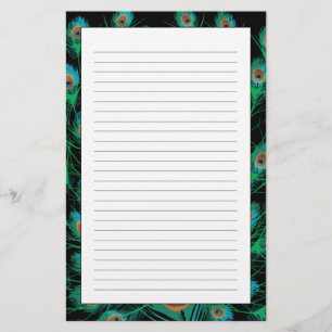 Illustration With Peacock Feathers on Black Stationery