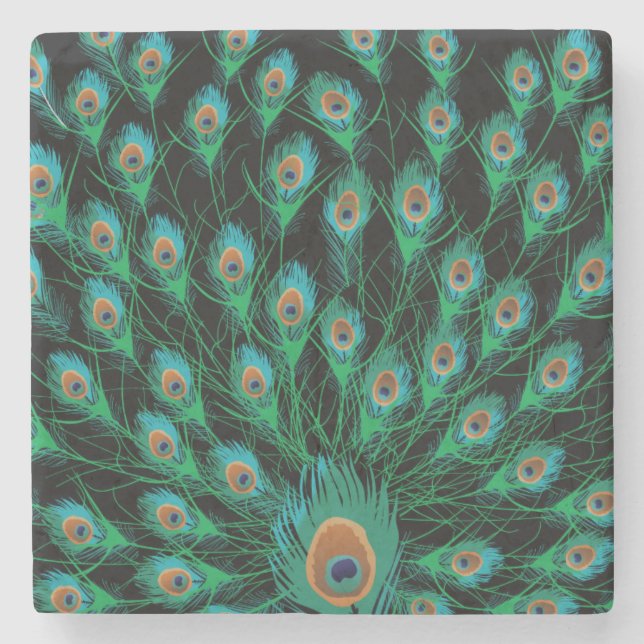 Illustration With Peacock Feathers on Black Stone Coaster (Front)