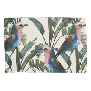 Illustrations of banana plant, exotic bird. pillowcase