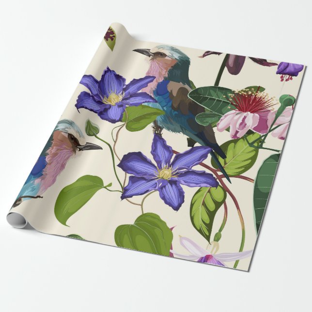 Illustrations of exotic flower, tropical birds. wrapping paper (Unrolled)