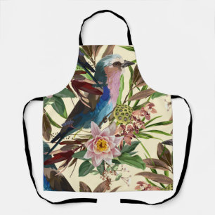 Illustrations of flowers, plant, tropical bird. apron