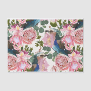 Illustrations of pink flowers, plants, birds. tissue paper