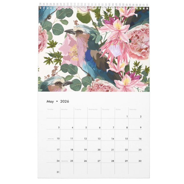 Illustrations of tropical flowers, plants, birds. calendar (May 2026)