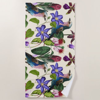 Illustrations of violet flower, tropical birds. beach towel