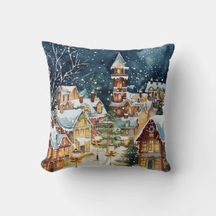 Illustrative Christmas city in the snow Cushion
