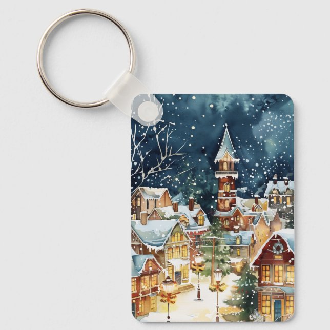Illustrative Christmas  city in the snow Key Ring (Front)