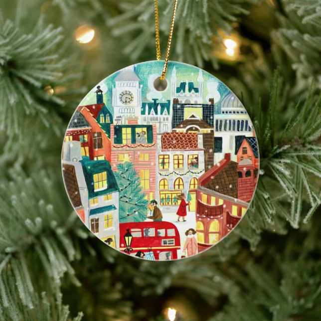 Illustrative London city in the snow Christmas  Ceramic Tree Decoration (Tree)