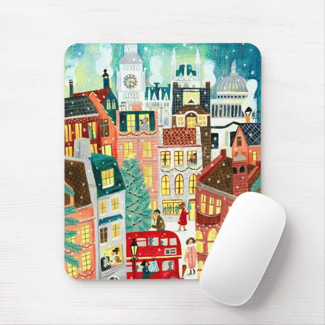 Illustrative London city in the snow Christmas Mouse Mat (With Mouse)