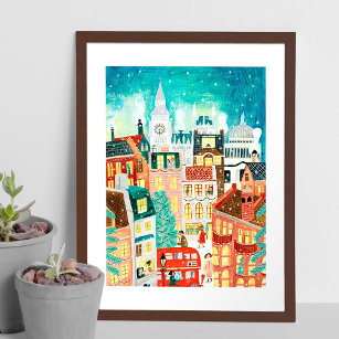 Illustrative London city in the snow Christmas Poster