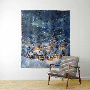 Illustrative of night sky city in snow  tapestry
