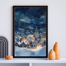 Illustrative of night sky Village in snow 