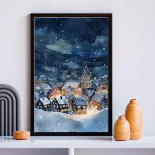 Illustrative of night sky Village in snow  Poster