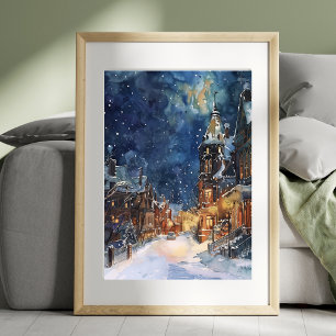 Illustrative of Village in snow night Poster
