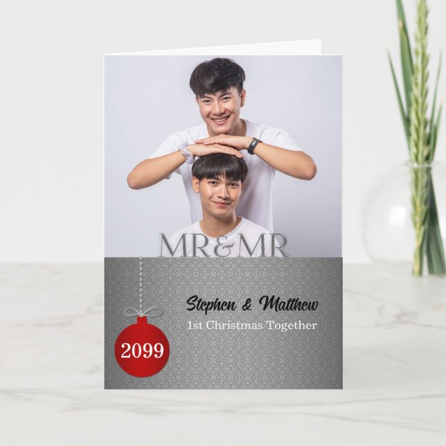 ilver Damask Mr and Mr 1st Christmas Photo Holiday Card (Front)