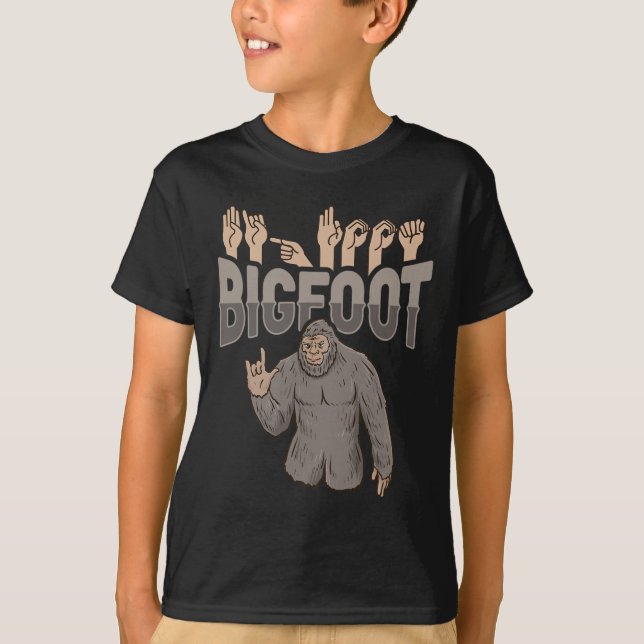 ILY Bigfoot ASL Hand Gesture Deaf Hearing Loss Awa T-Shirt (Front)