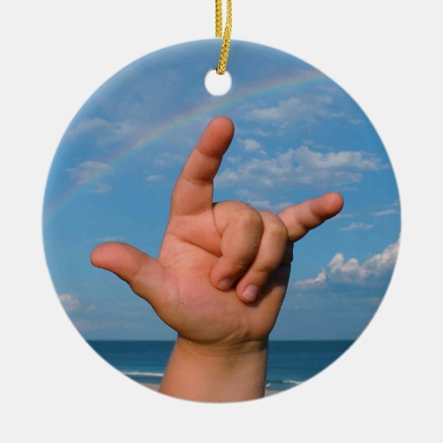 ILY hand under a rainbow  Sign Language Ceramic Tree Decoration (Front)