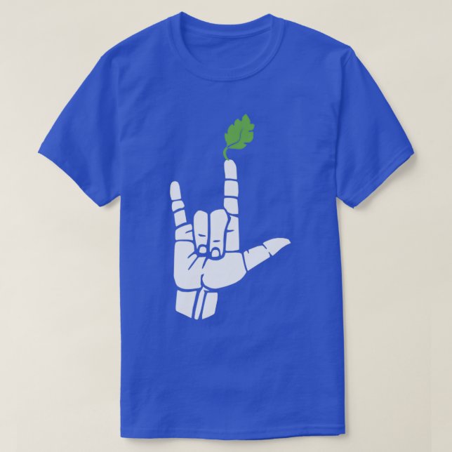 ILY sign plus green leaf ASL Sign Language Design T-Shirt (Design Front)
