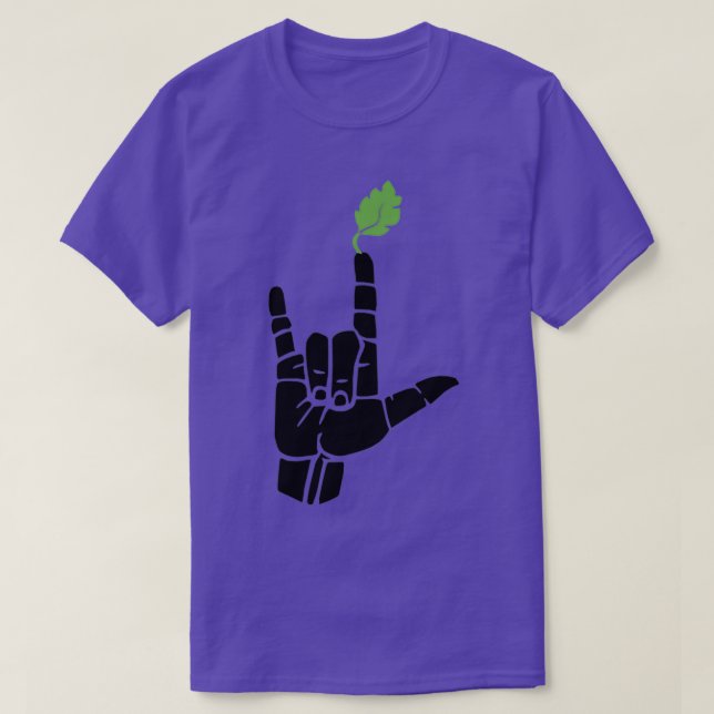 ILY sign plus green leaf ASL Sign Language Design  T-Shirt (Design Front)