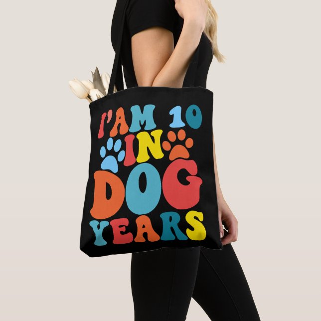 I'm 10 In Dog Years 70th Birthday Groovy Dog Lover Tote Bag (Close Up)