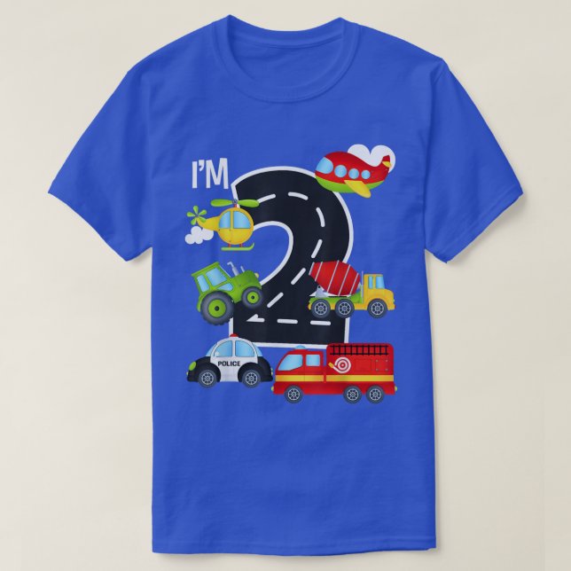 I'm 2 Birthday Boy 2nd Bday Car Fire Truck Airplan T-Shirt (Design Front)