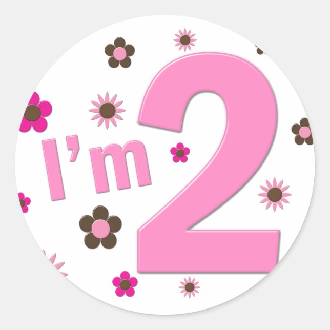 "I'm 2" Pink & Brown Flowers Classic Round Sticker (Front)