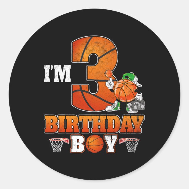 I'm 3rd Birthday Boy Basketball 3 Year Old Theme P Classic Round Sticker (Front)
