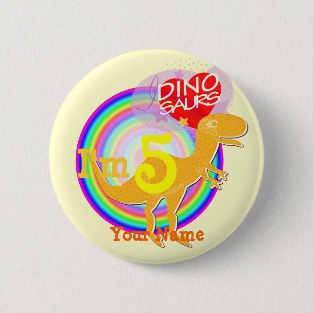 I'm 5 Birthday Orange T-Rex Dino Your Name Button (Front)