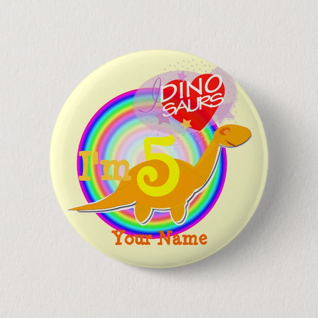 I'm 5 Birthday Party Orange Dino Your Name Button (Front)