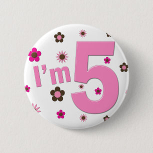 I'm 5 Pink And Brown Flowers 6 Cm Round Badge