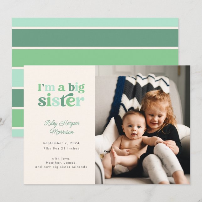 I'm a Big Sister (Green) Photo Birth Announcement (Front/Back)