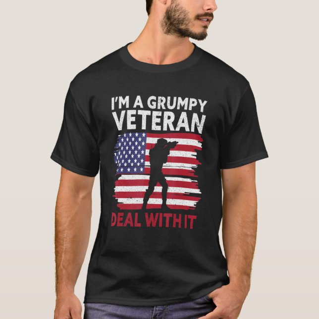 I'm a grumpy veteran Deal with it USA Flag America T-Shirt (Front)