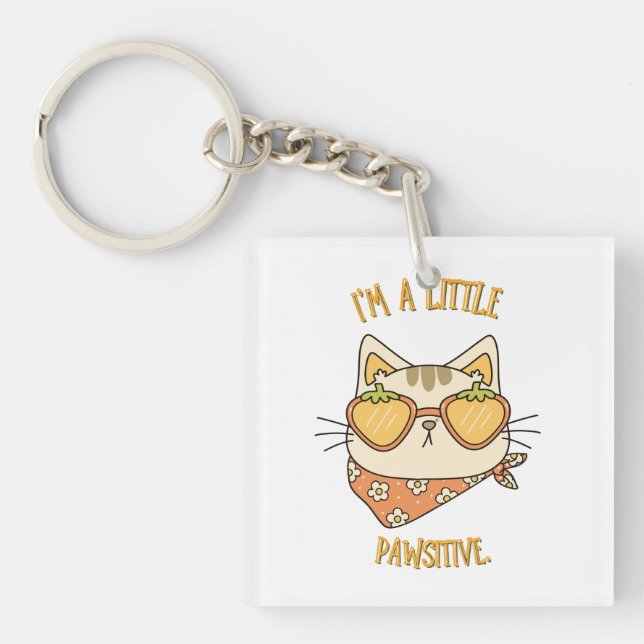"I'm a Little Pawsitive" Cat with Strawberry Sungl Key Ring (Front)
