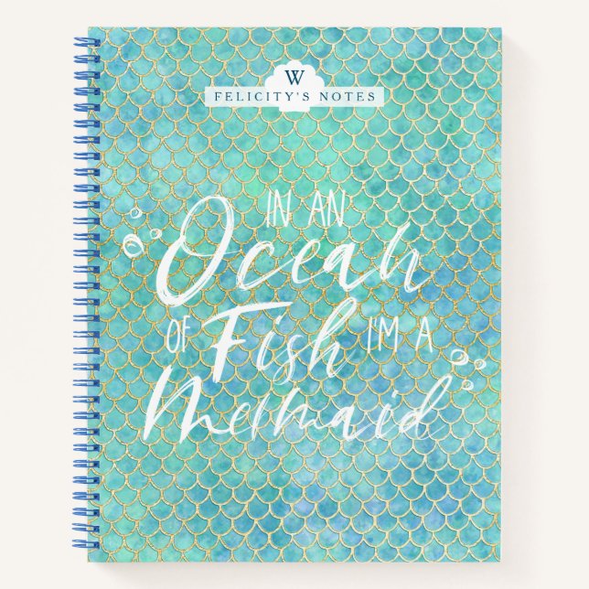 I'm a Mermaid | Aqua & Gold Mermaid Scale Pattern Notebook (Front)