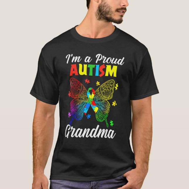 I'm A Proud Autism Grandma Puzzle Ribbon Butterfly T-Shirt (Front)