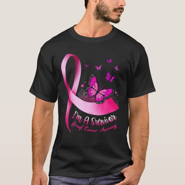 I'm A Survivor Butterfly Pink Ribbon Cancer Breast T-Shirt (Front)