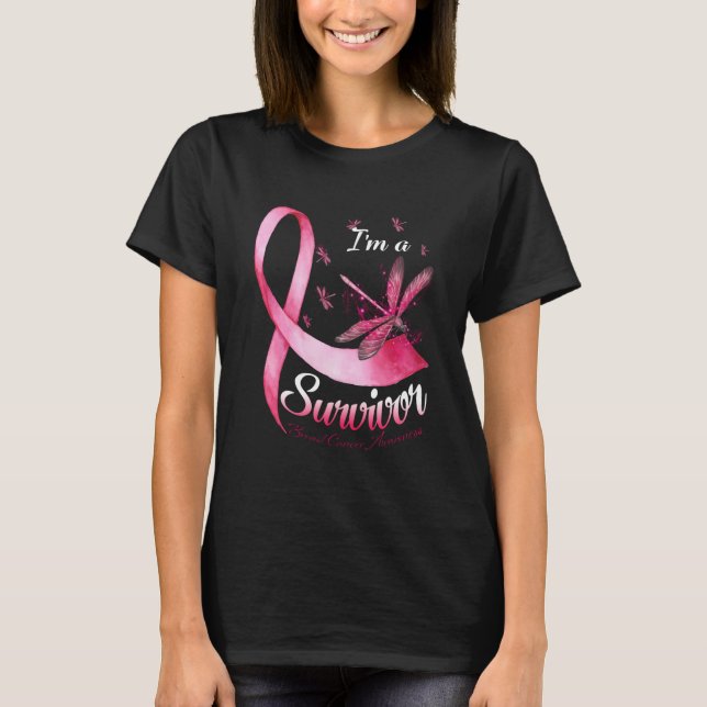 I'm A Survivor Dragonfly Pink Ribbon Breast Cancer T-Shirt (Front)