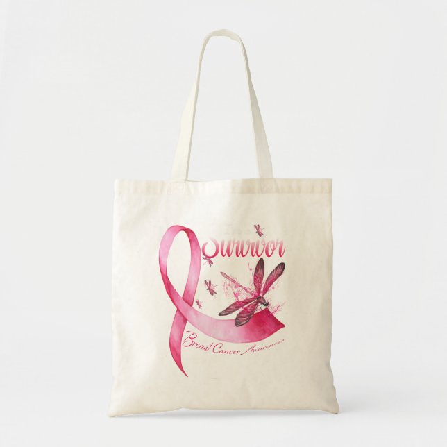 I'm A Survivor Dragonfly Pink Ribbon Breast Cancer Tote Bag (Front)