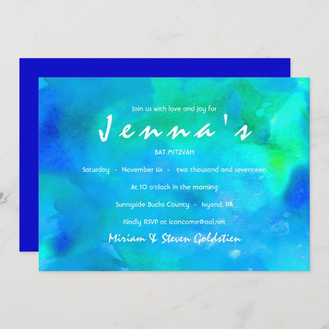 I'M AQUA WATERCOLOR  Bat Mitzvah Invitation (Front/Back)