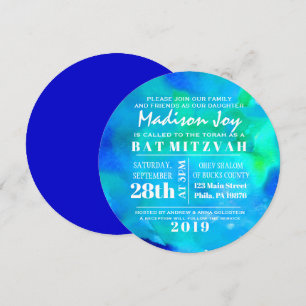 I'M AQUA WATERCOLOR Round Bat Mitzvah Invitation