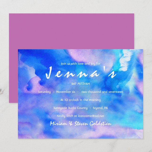 I'M BLUE WATERCOLOR  Bat Mitzvah Invitation (Front/Back)