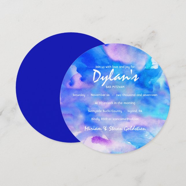I'M BLUE WATERCOLOR  Bat Mitzvah Invitation (Front/Back)