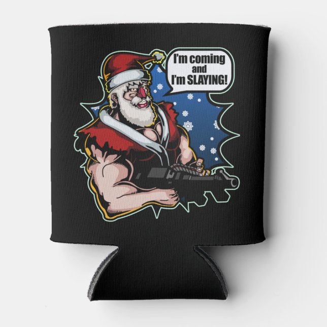 I'm Coming & I'm Slaying Funny Rambo Xmas Santa Can Cooler (Front)