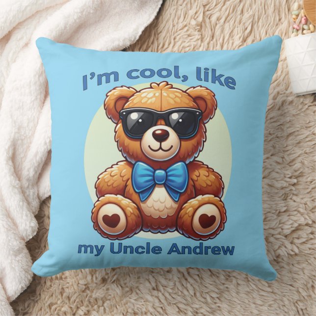 I'm Cool Teddy Bear with Blue Bow Customisable Cushion (Blanket)