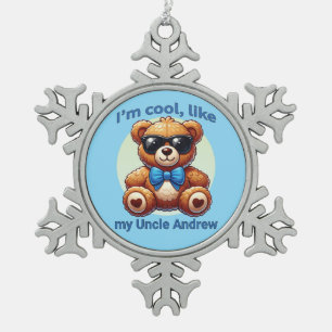I'm Cool Teddy Bear with Blue Bow Customisable Snowflake Pewter Christmas Ornament