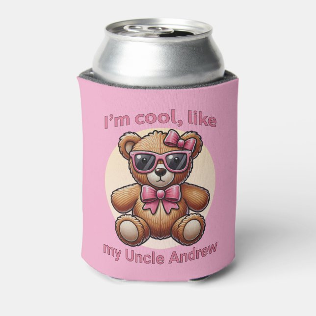 I'm Cool Teddy Bear with Pink Bow Customisable Can Cooler (Can Back)